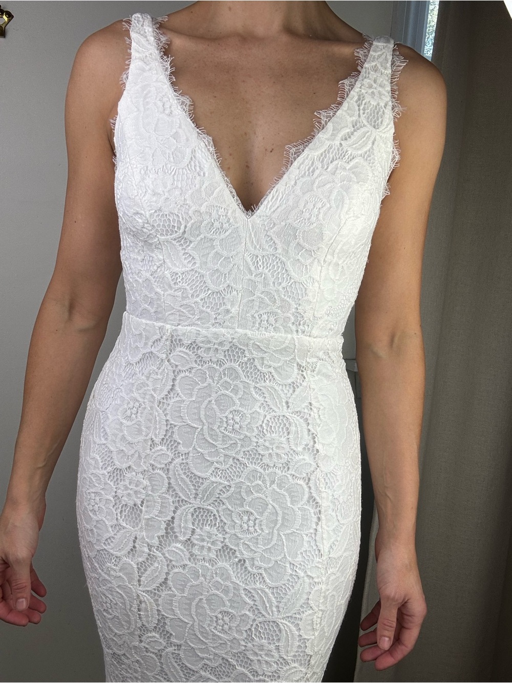 Lulu's White Lace V-Neck Sheath Wedding Dress